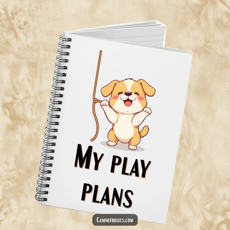 Funny Dog Notebook, featuring a dog playfully batting at a dangling rope, perfect for jotting down energetic ideas and notes.