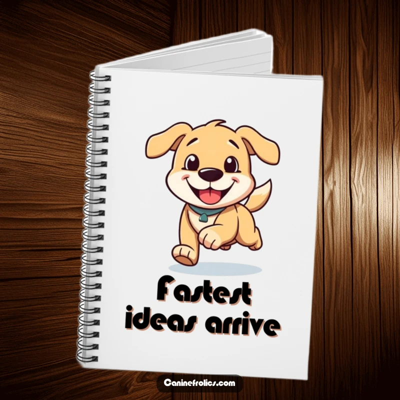 Funny notebook cover featuring a dog character running with a happy grin and ears trailing, ready for your energetic ideas.