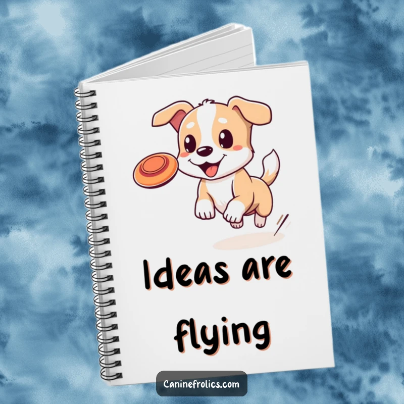 Funny dog notebook with a cute dog wagging its tail, leaping for a frisbee, inspiring creativity and playful note-taking.