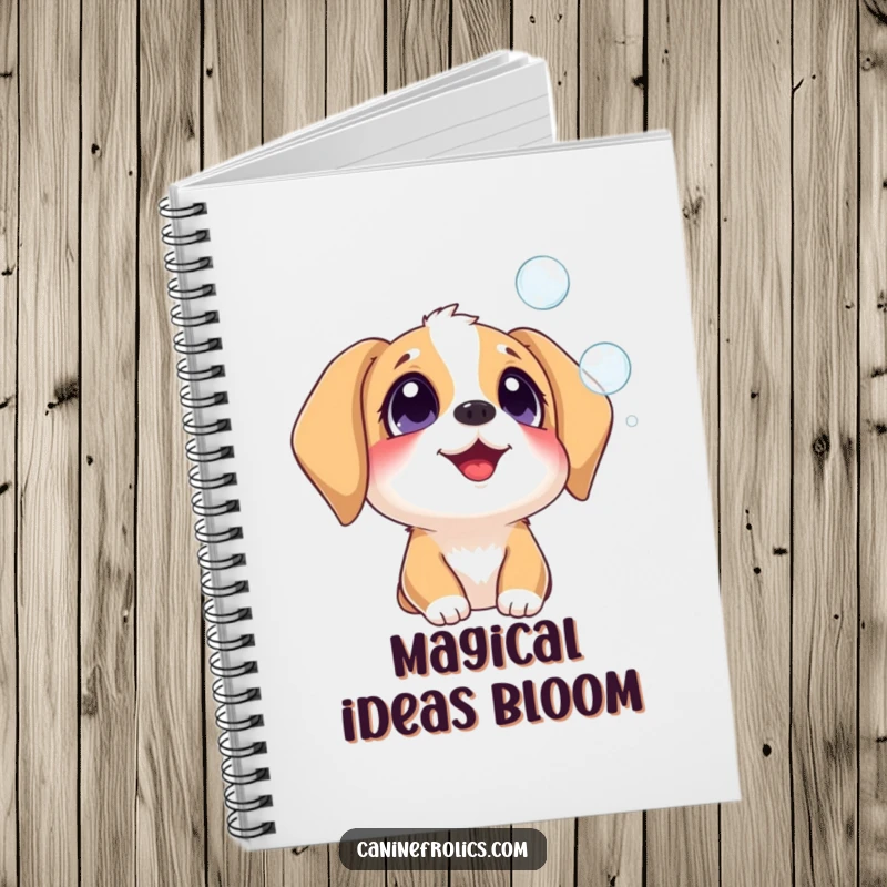 Funny dog notebook cover showing a delighted dog watching floating bubbles, ideal for notes and whimsical doodles.