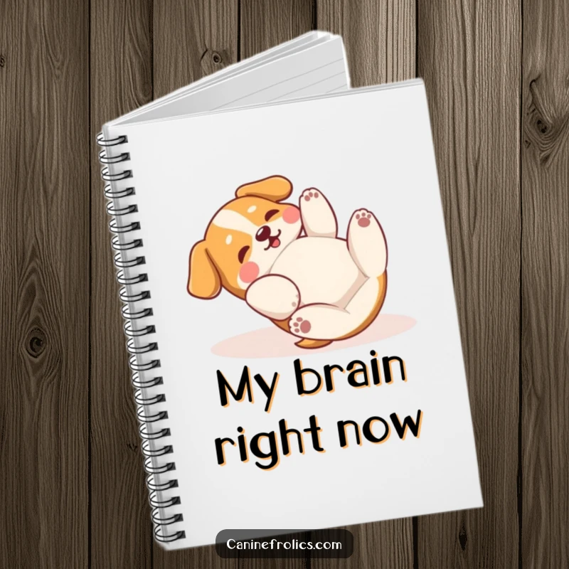 Funny Notebook: A dog character joyfully rolls on its back, paws batting the air, capturing ideas with delightful, hilarious abandon.