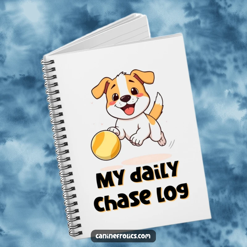 Funny notebook with a dog character joyfully chasing a bouncing ball, ideal for capturing inspired thoughts with energy.