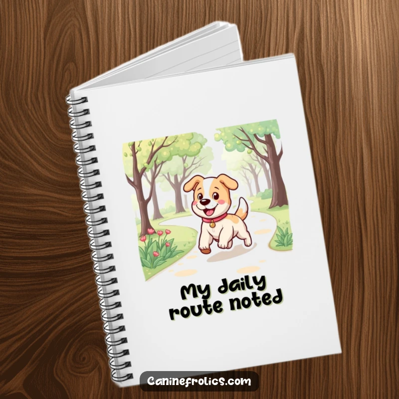 Funny notebook featuring a dog character with a bouncy stride, happily trotting along a park path, ideal for creative notes.