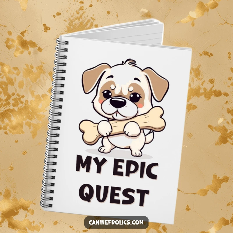 Funny dog notebook cover showing a determined dog carrying a comically large bone, ideal for notes and planning.