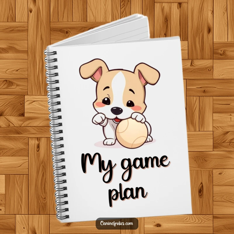 Funny Notebook: A dog character playfully nudges a ball with its nose, ready to capture plans with enthusiastic eagerness.