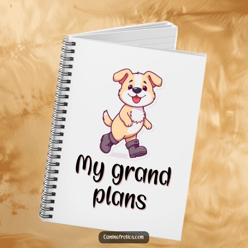 Funny dog notebook cover showing a dog confidently wearing oversized boots and walking, ideal for notes and plans.