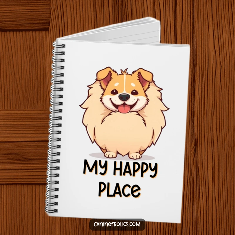 Funny notebook cover with a dog's comically large smile peeking from behind its giant, fluffy tail, inspiring happy notes.