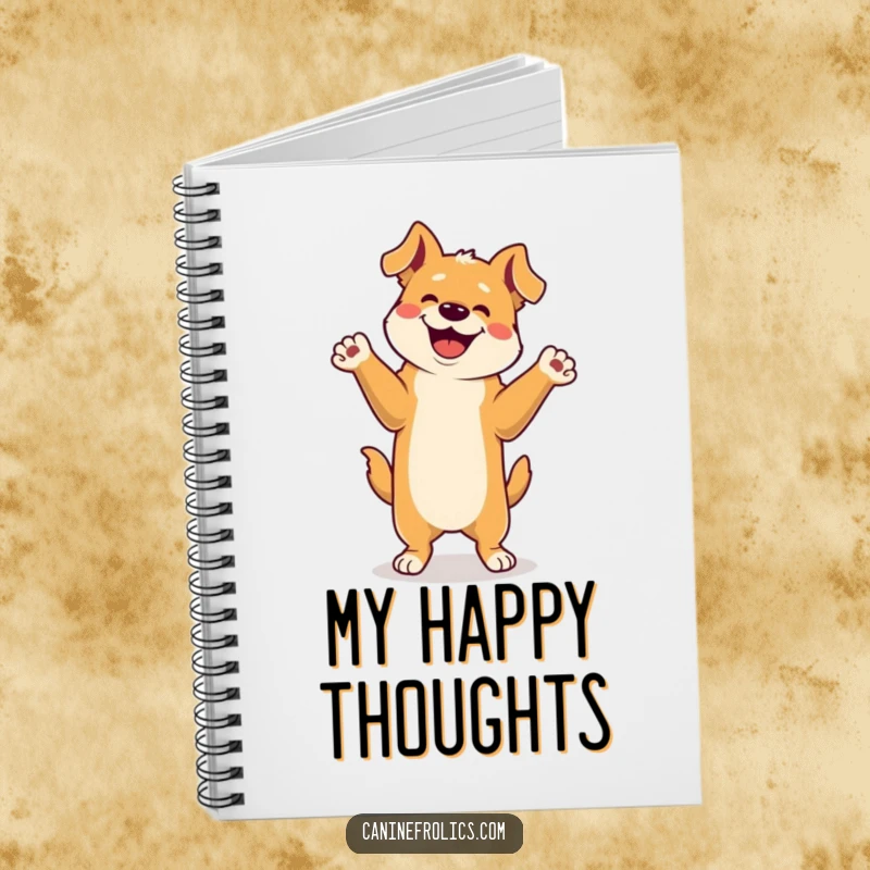 Funny Notebook: A dog character jubilantly dances on its hind legs, paws waving, ready to capture brilliant, happy thoughts inside.