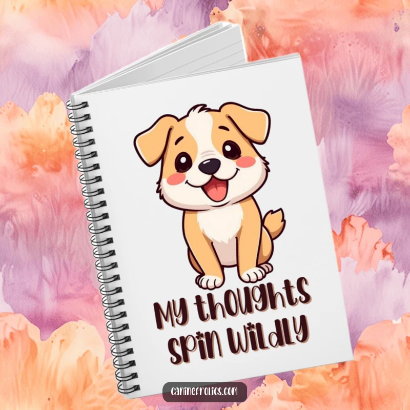 Funny dog notebook cover art showing a dog spinning wildly in a zoomie, full of joyful motion.