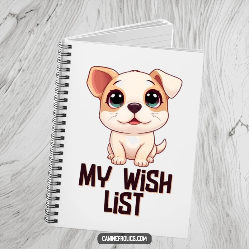 Funny notebook cover featuring a dog with huge, innocent eyes looking up with pure, contagious excitement.