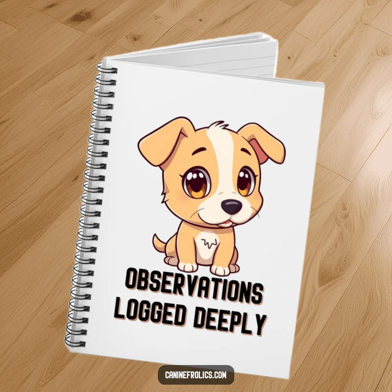 Funny notebook featuring a dog character with wide, attentive eyes, watching a distant, interesting object, ideal for notes.