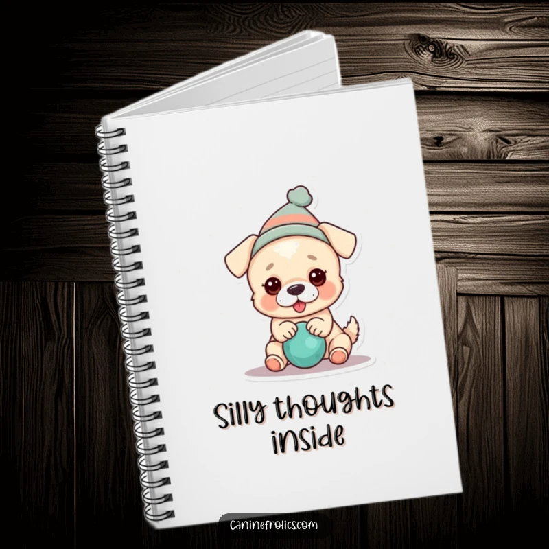 Funny dog notebook with a dog in a hat playing with a squeaky toy, inspiring playful notes and creative ideas.