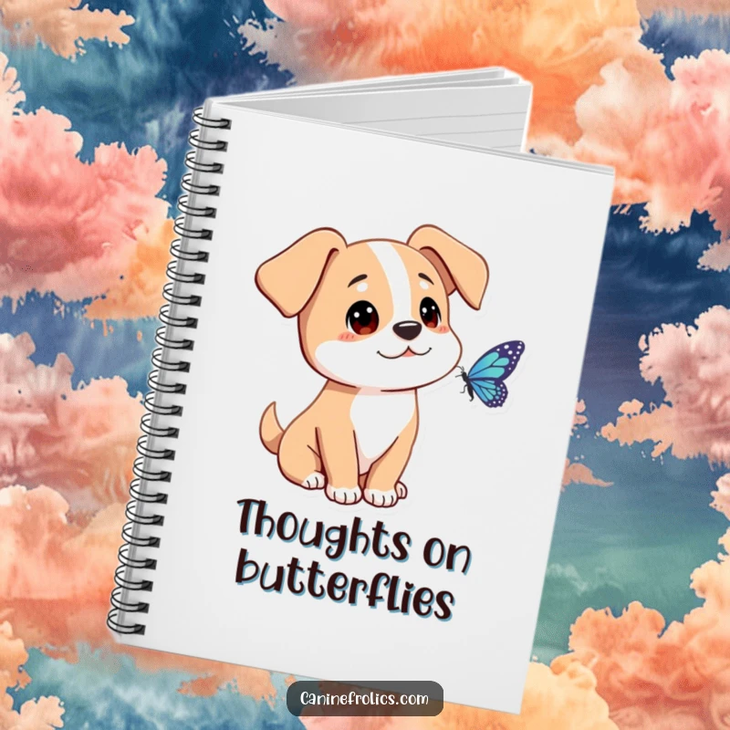 Funny dog notebook showing a character with floppy ears, curiously looking at a butterfly, perfect for jotting down notes with gentle fascination.