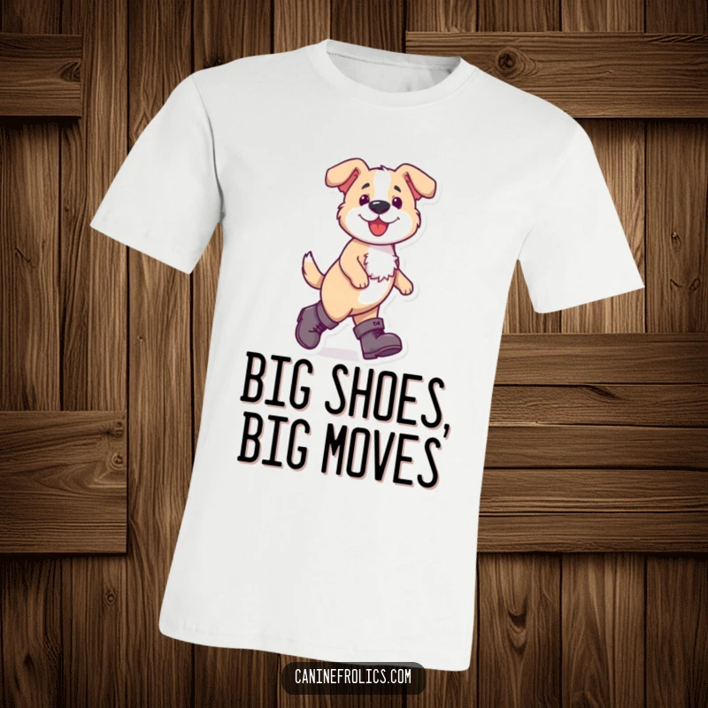 Funny dog t-shirt of a dog confidently striding forward wearing ridiculously large boots, promoting a sense of bold fun.