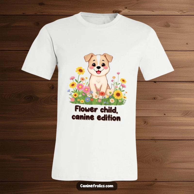 Funny Dog T-Shirt: A dog character with a content smile sits peacefully surrounded by a colorful bloom of wildflowers.