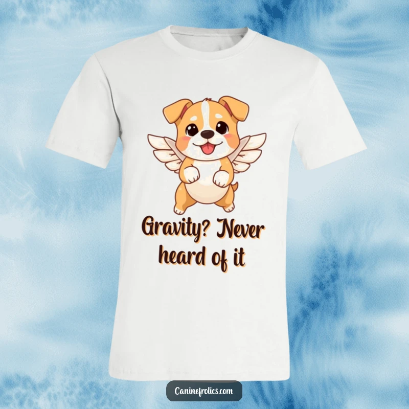 Funny angel dog t-shirt showcasing a small dog with white wings leaping joyfully through the air, expressing whimsical and lighthearted humor.