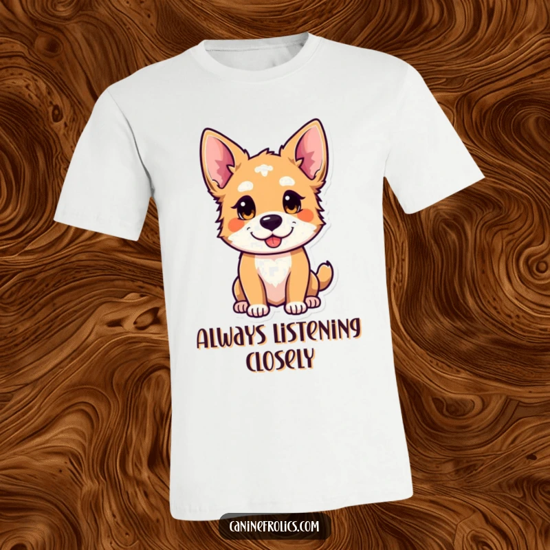 Funny dog t-shirt featuring a curious canine with ears perked, radiating playful attentiveness and a desire to investigate.