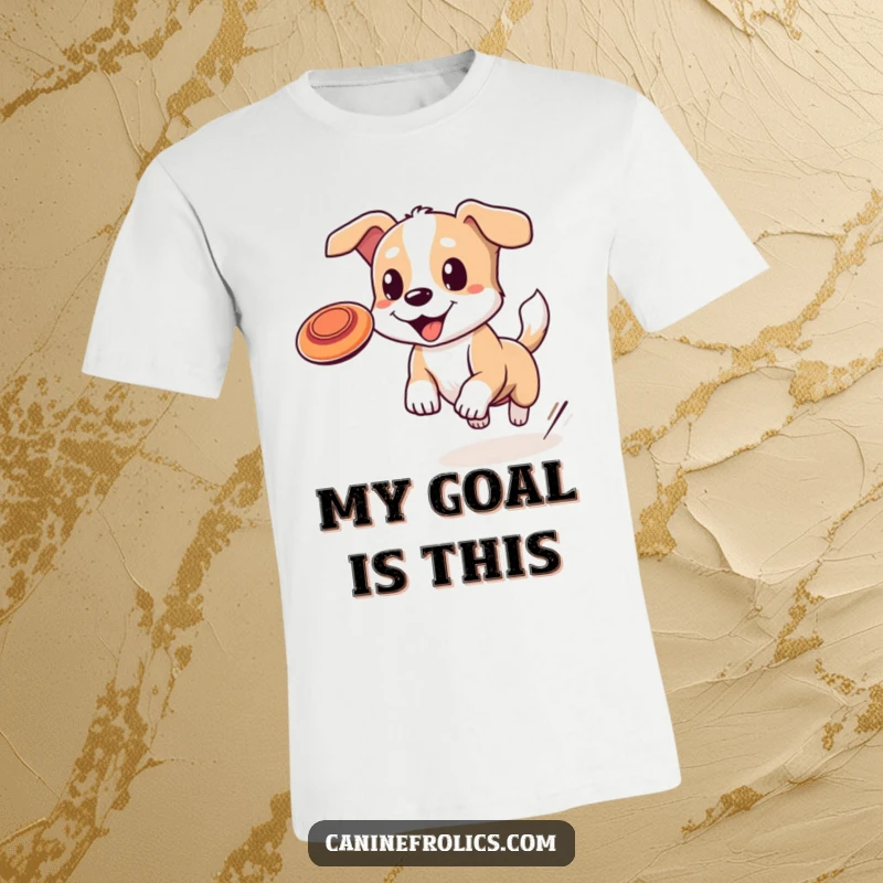 Funny dog t-shirt featuring a cute dog with a wagging tail joyfully chasing a frisbee in mid-air, embodying pure excitement.
