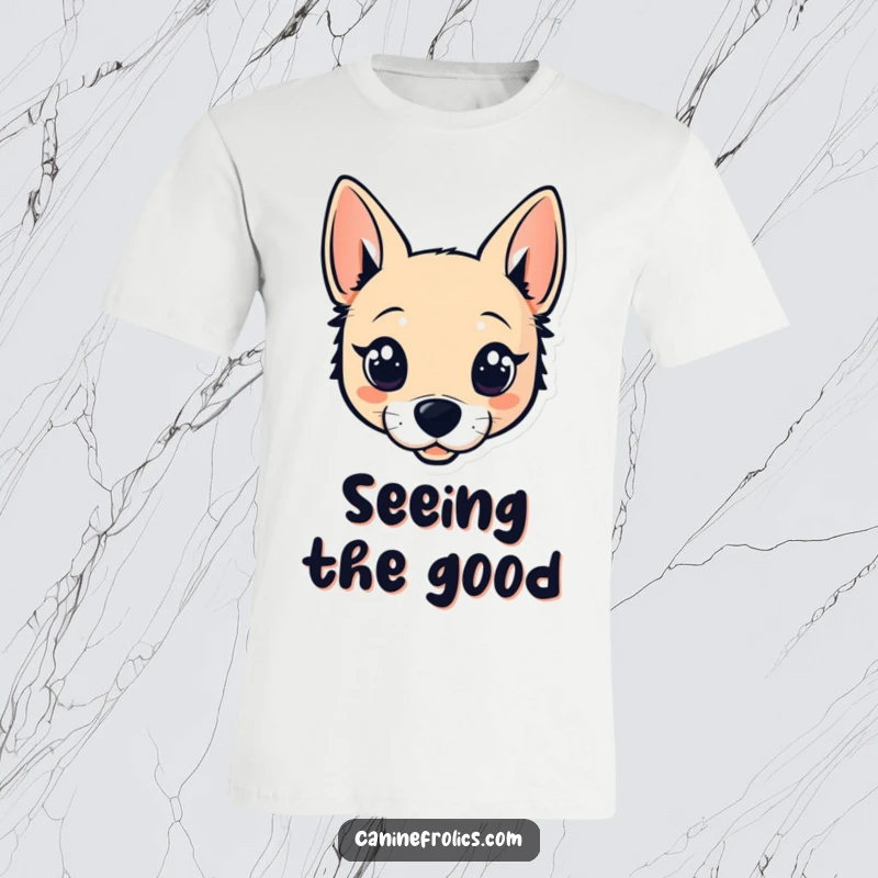 Funny t-shirt featuring a stylized dog head adorned with large, sparkling eyes and perky ears, conveying curiosity and joy.