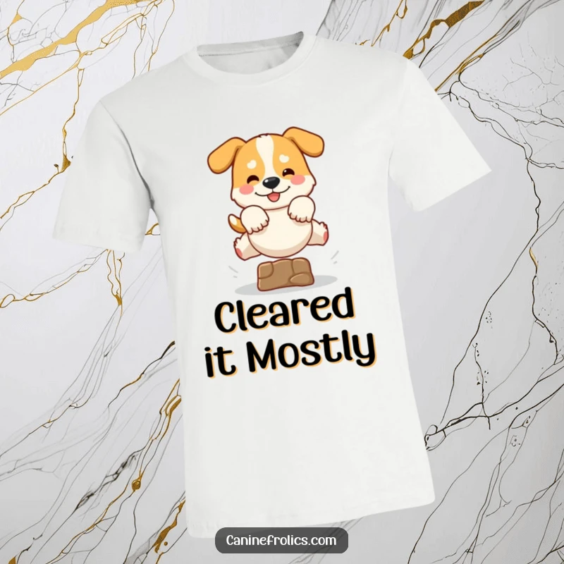 Funny t-shirt with a joyful dog dynamically leaping over a small hurdle, paws extended, conveying energetic fun and playful spirit.