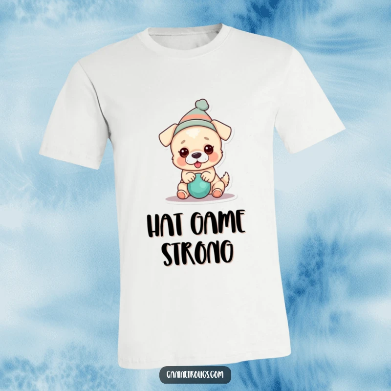 Funny dog t-shirt with a dog sporting a small hat, enthusiastically playing with a squeaky toy, radiating pure joy and silliness.