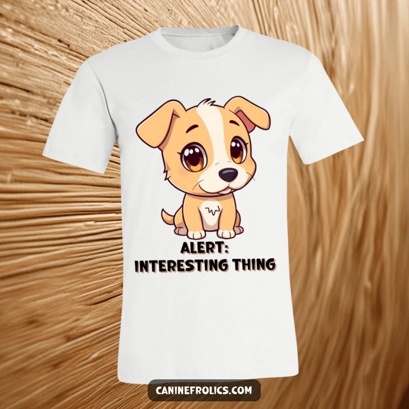 Funny t-shirt depicting a dog character with wide, attentive eyes, intently watching a distant, interesting object, conveying curiosity.