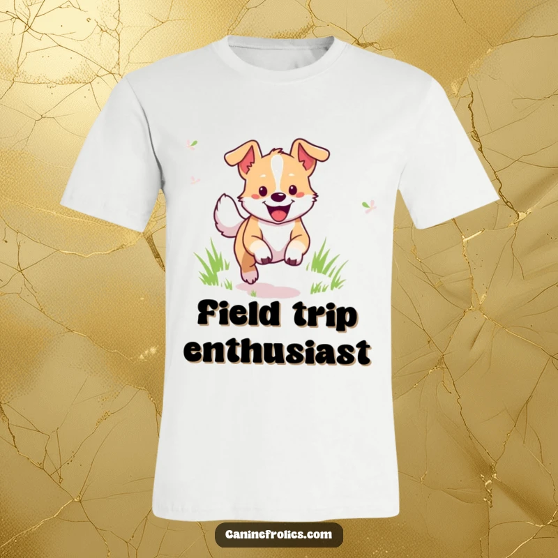 Funny Dog T-Shirt: A cheerful dog character in mid-bound, full of energy and happiness, running through a lush green grassy field.
