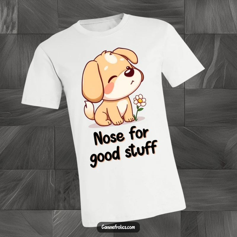 Funny t-shirt with a dog character playfully wagging its tail while curiously sniffing a beautiful flower, embodying sweet curiosity.