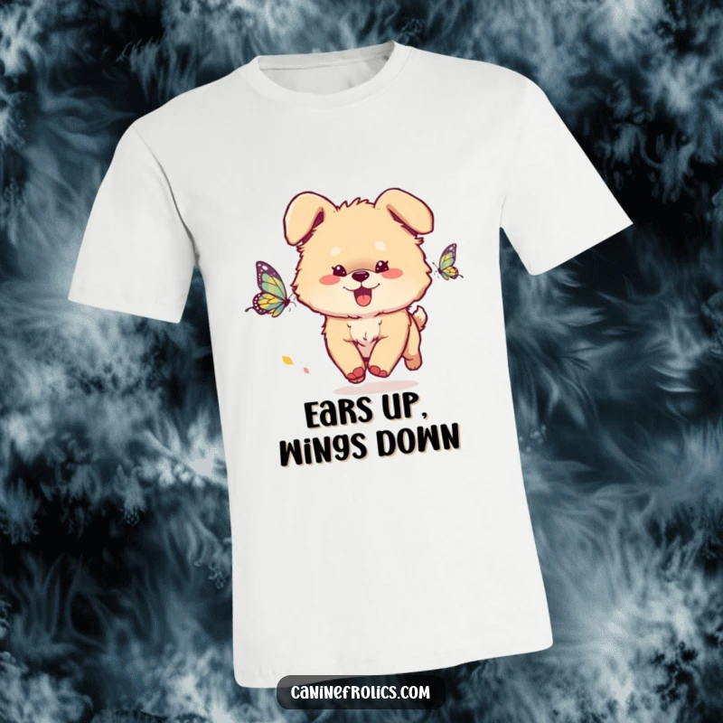 Funny Dog T-Shirt: A fluffy dog with floppy ears is captured mid-run, joyfully chasing a fluttering butterfly with great energy.