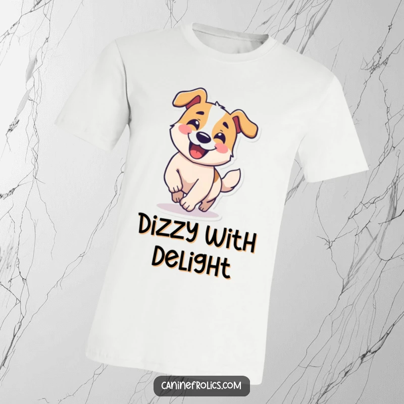 Funny t-shirt depicting a dog character with a cheerful grin, chasing its own tail in a comical circle, showcasing playful absurdity.