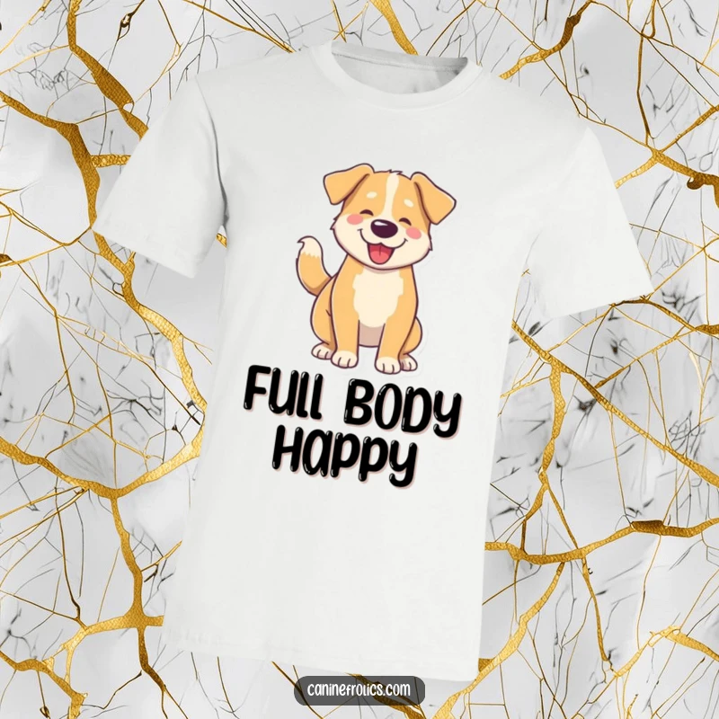 Funny t-shirt graphic of a dog whose tail is wagging so hard, its whole body is in a joyful, wiggly motion.