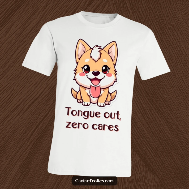 Funny dog t-shirt showcasing a cute canine character with a happy expression and its tongue lolling out in pure, unadulterated joy.