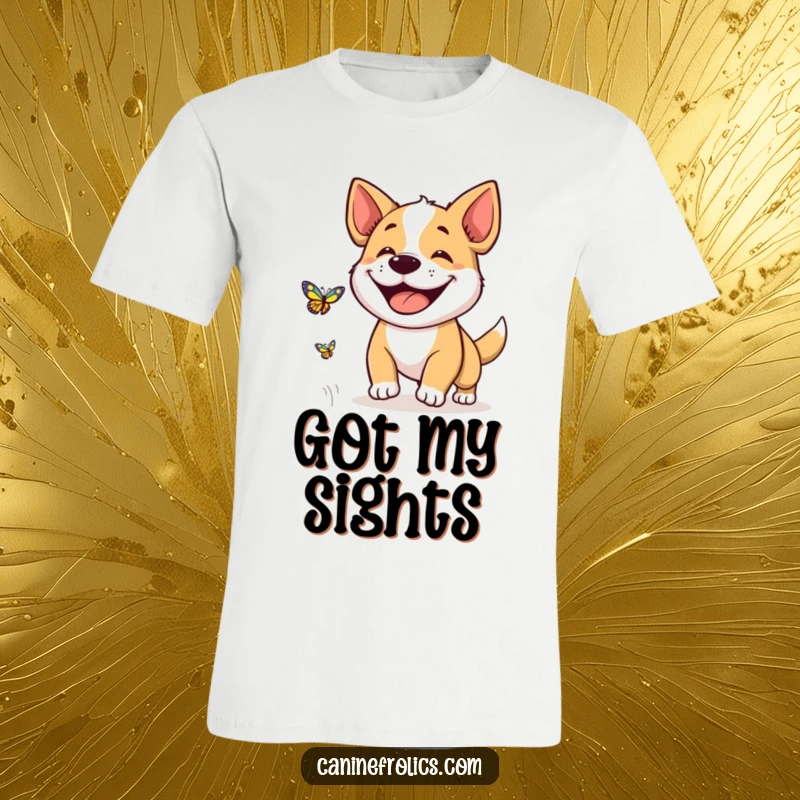 Funny t-shirt featuring a dog with a wide, beaming grin, enthusiastically chasing a colorful butterfly through a field.