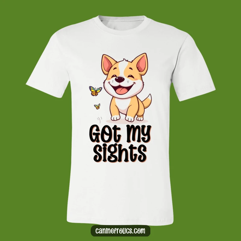 Funny Dog Grin T-Shirt: Happy Butterfly Hunter Dog Tee, Great Funny Gift for Playful Souls