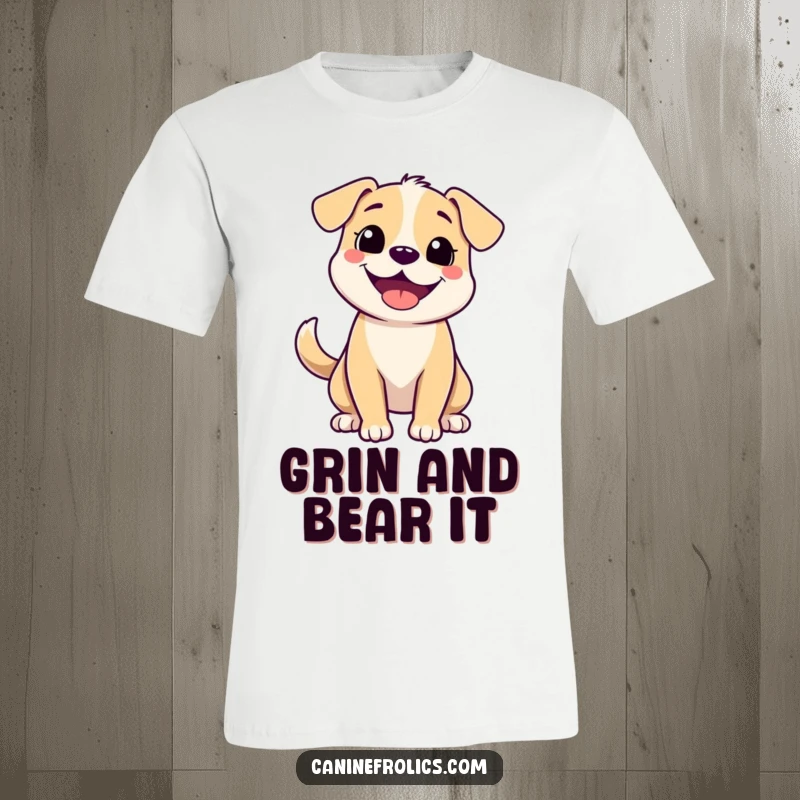 Funny t-shirt with a cute dog sporting a huge, happy grin and a tail wagging so fast it's a blur, full of pure delight.