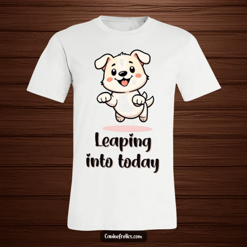 Funny t-shirt featuring a minimalist dog outline with dynamic, energetic paws caught in a joyful mid-leap action.