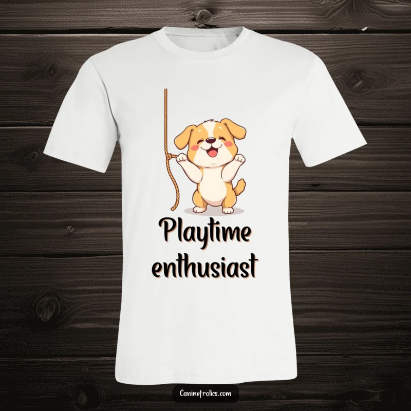 Funny Dog T-Shirt, depicting a dog actively and playfully batting at a dangling rope with playful intent.