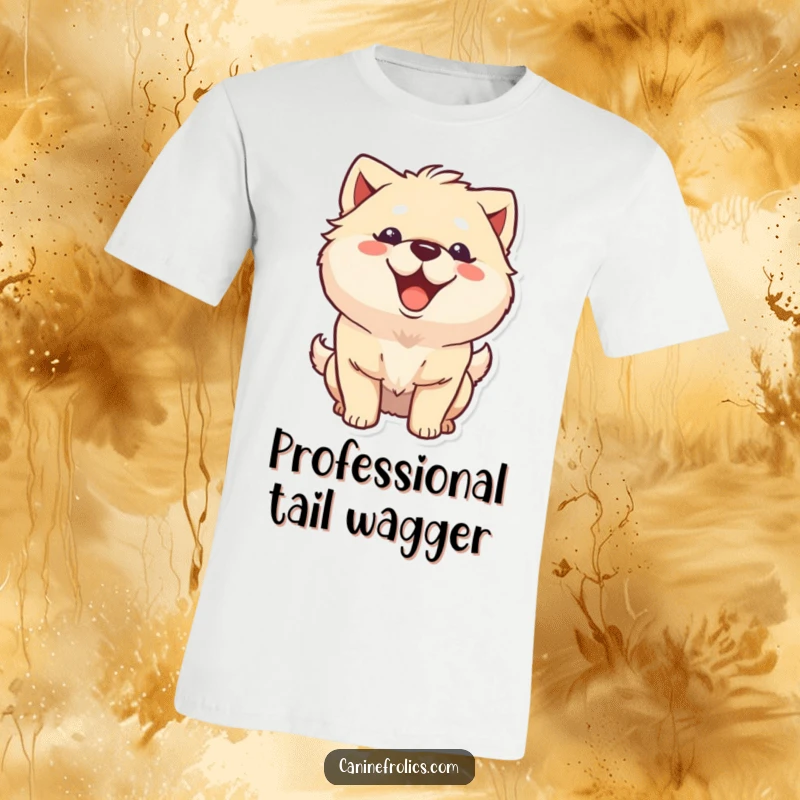 Funny fluffy dog t-shirt featuring a character with a big happy grin and vigorously wagging tail, perfect for expressing pure canine joy.