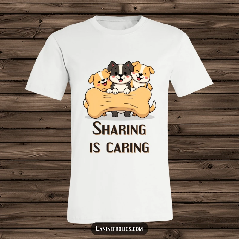 Funny Dog T-Shirt, depicting a group of simplified, happy canine characters enthusiastically sharing a large bone together.