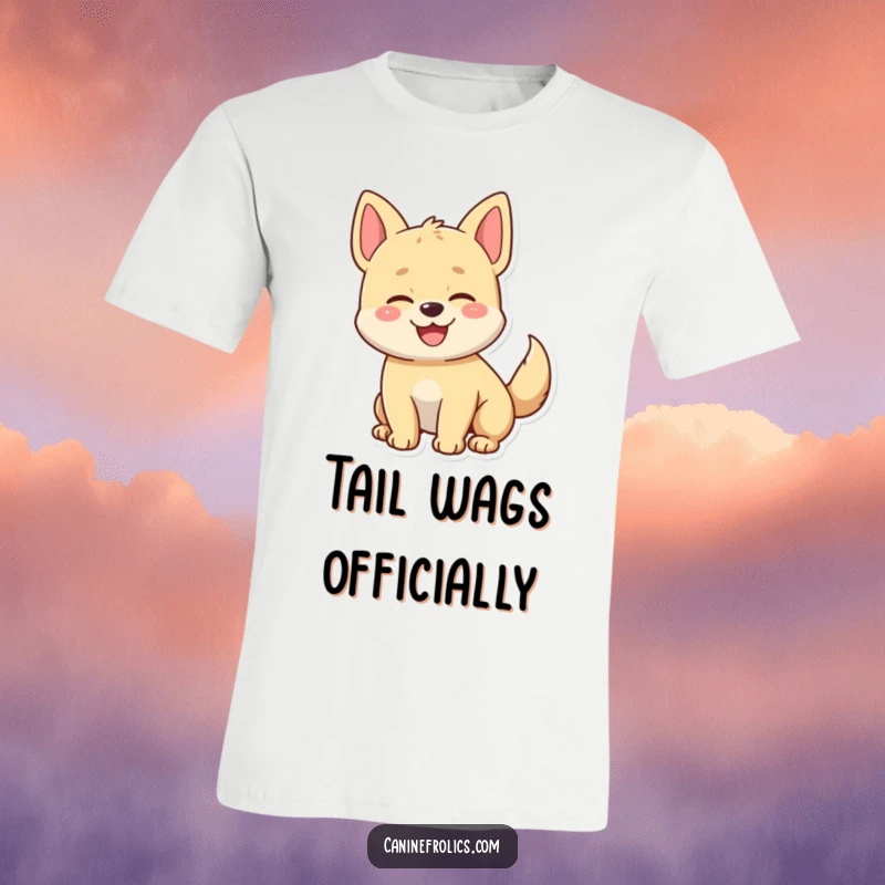 Funny t-shirt with an ecstatic dog character whose tail is a blur of happy motion, radiating pure canine bliss.