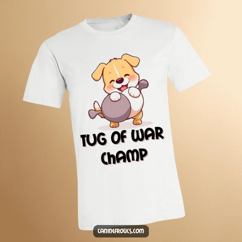 Funny Dog T-Shirt: A determined dog playfully wrestling a ridiculously large squeaky toy, showcasing immense effort and adorable silliness for maximum laughs.