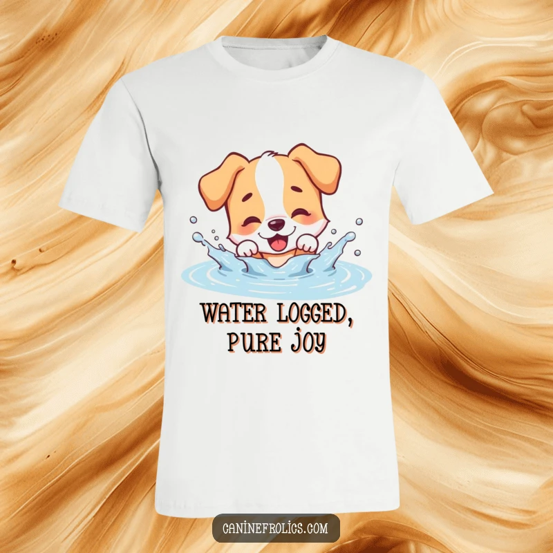 Funny dog t-shirt, a happy dog character joyfully splashing with abandon in a large muddy puddle, wet fur flying.