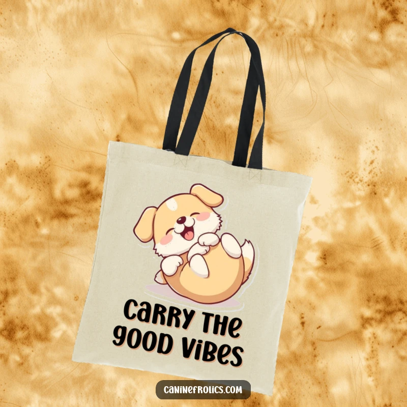 Funny tote bag illustrating a dog happily rolling on its back, symbolizing pure joy and carefree abandon.