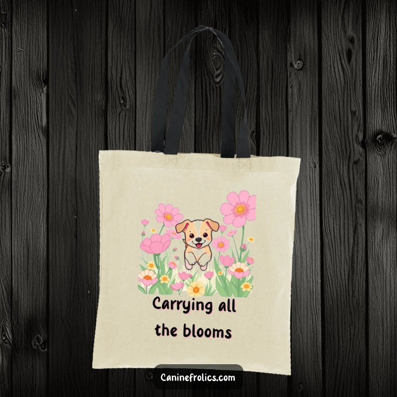 Funny tote bag illustration of a tiny dog puppy running playfully through a field filled with gigantic, blooming flowers, carrying happiness.