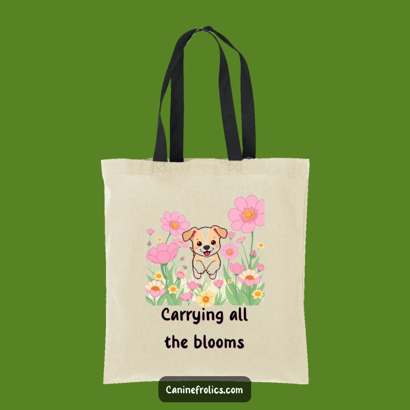 Funny Puppy Flower Field Tote Bag: Adorable Dog's Garden Joy, Practical Humorous Bag