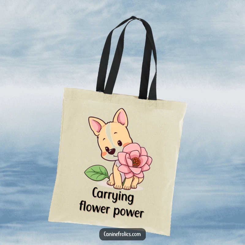 Funny tote bag showcasing a dog with its head tilted curiously, sniffing a massive, vibrant flower, ready for adventure.