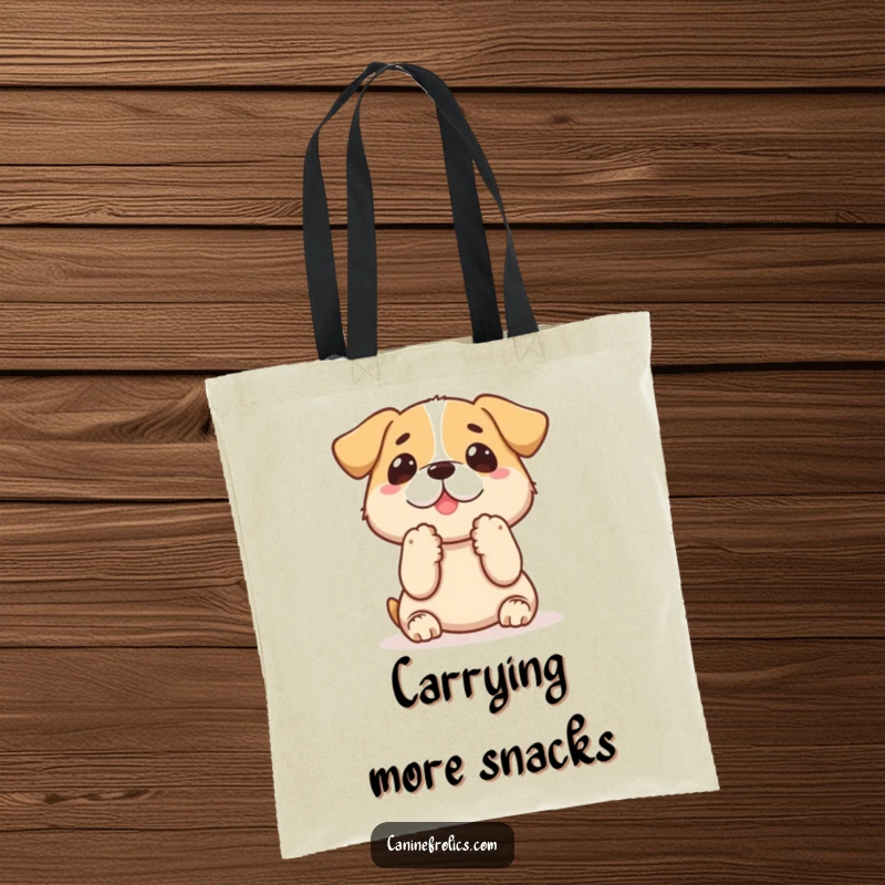 Funny dog tote bag with a dog holding paws up, looking expectantly at a treat, conveying eagerness and playful desire.