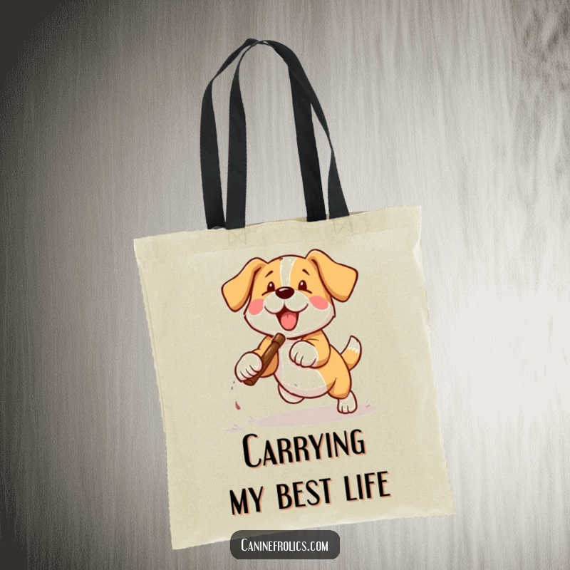 Funny dog tote bag showcasing a dog sprinting with intense focus to retrieve a thrown stick.