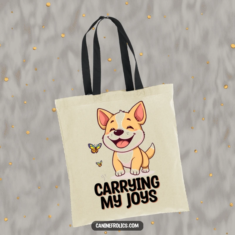 Funny tote bag depicting a dog with a huge, happy grin, actively chasing a delicate butterfly through a vibrant, outdoor scene.