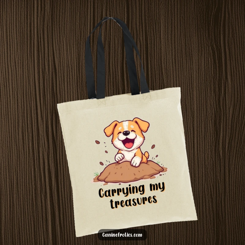 Funny Tote Bag: A dynamic dog digging a hole with dirt playfully spraying outwards, capturing an energetic and humorous moment. Great for shoppers.